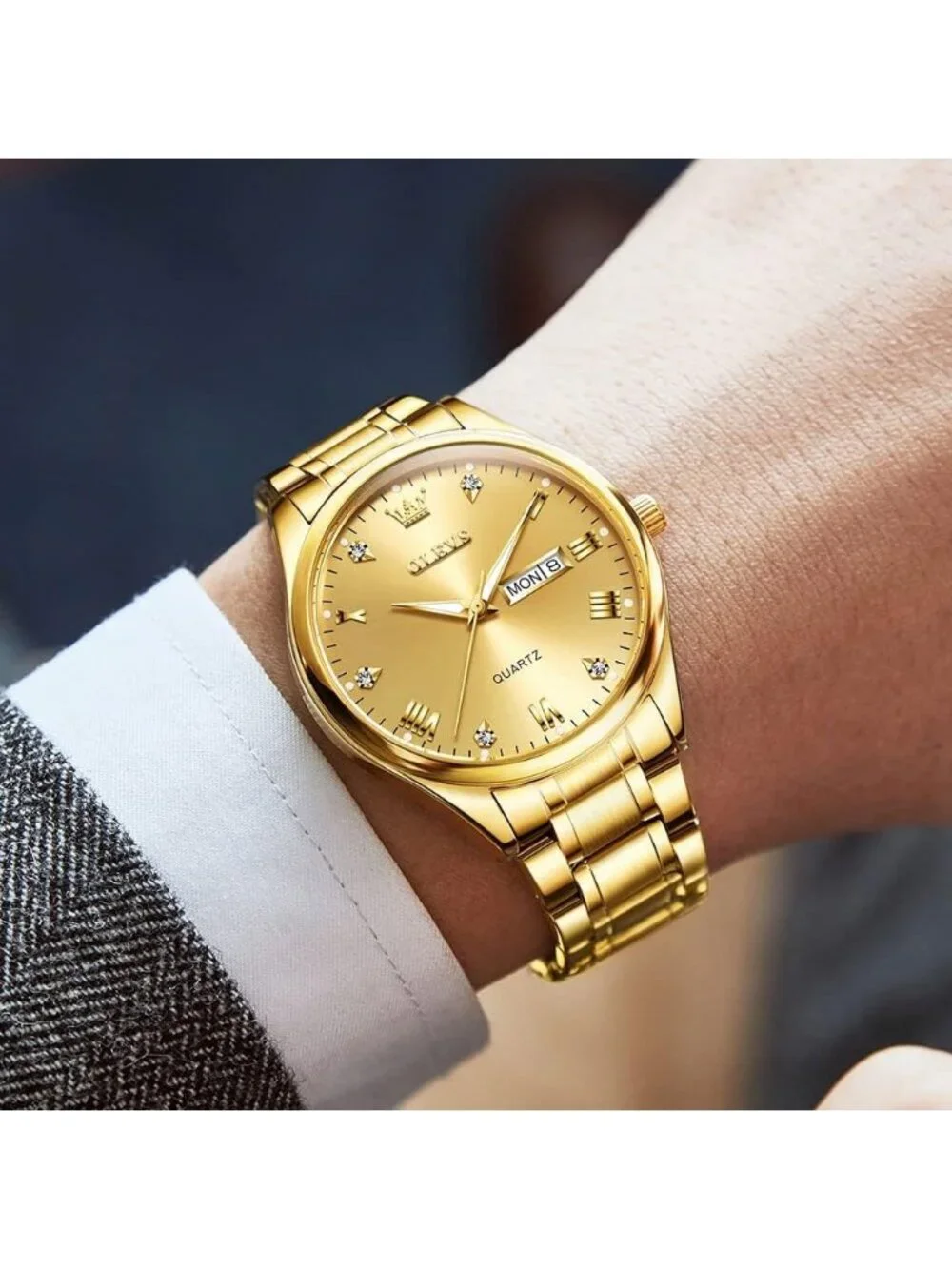 Men's Gold Stainless Steel Casual Analog Quartz Classic Waterproof Diamond Watch